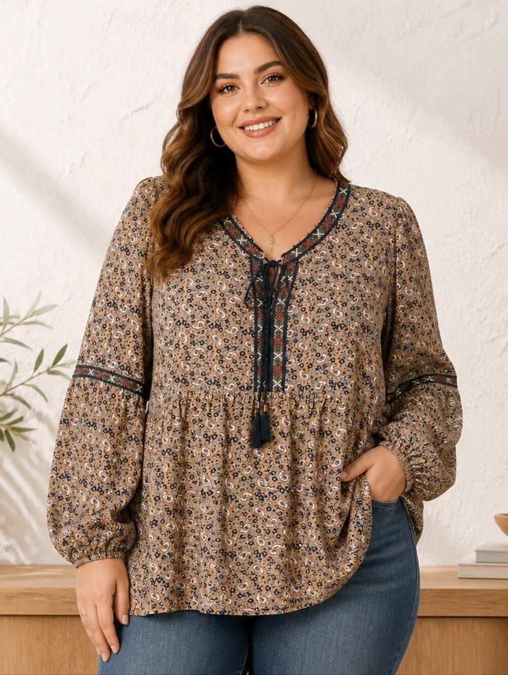 Altar'd State Tan Paisley Peasant Tunic with Navy Tassels #832